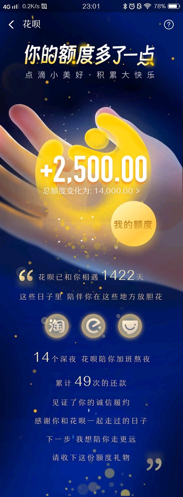 支付寶花唄漲額度了，還能看已陪你多少天